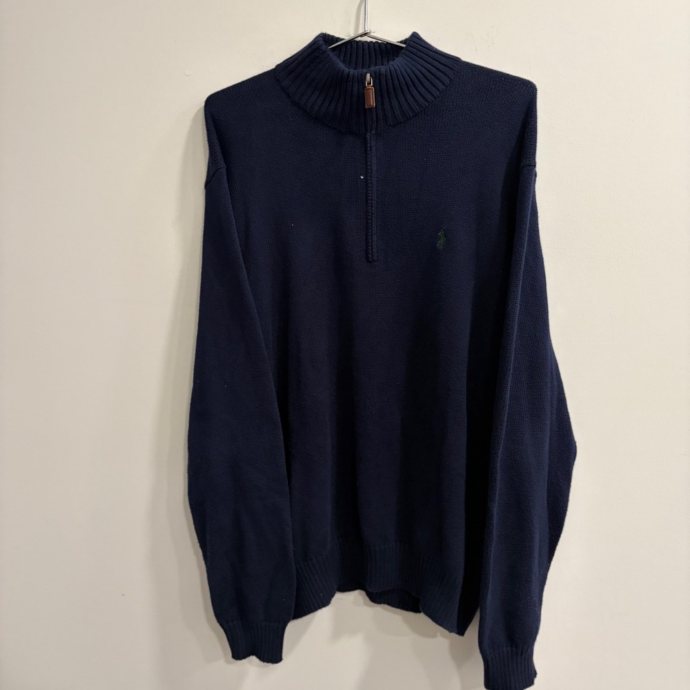 Polo Ralph Lauren Mens XL Navy Blue Cotton Quarter Zip Pullover Sweater